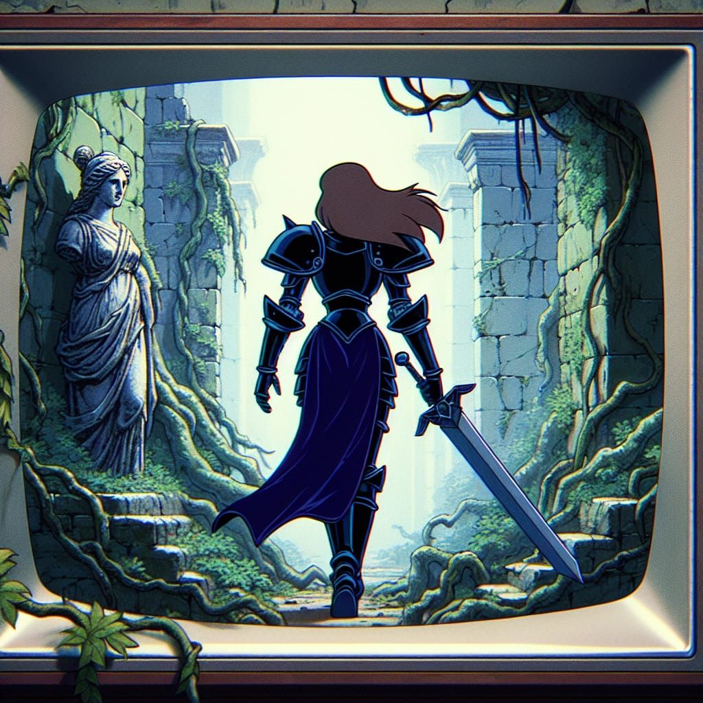 Medieval Knight in Vintage Cartoon Scene on Old TV