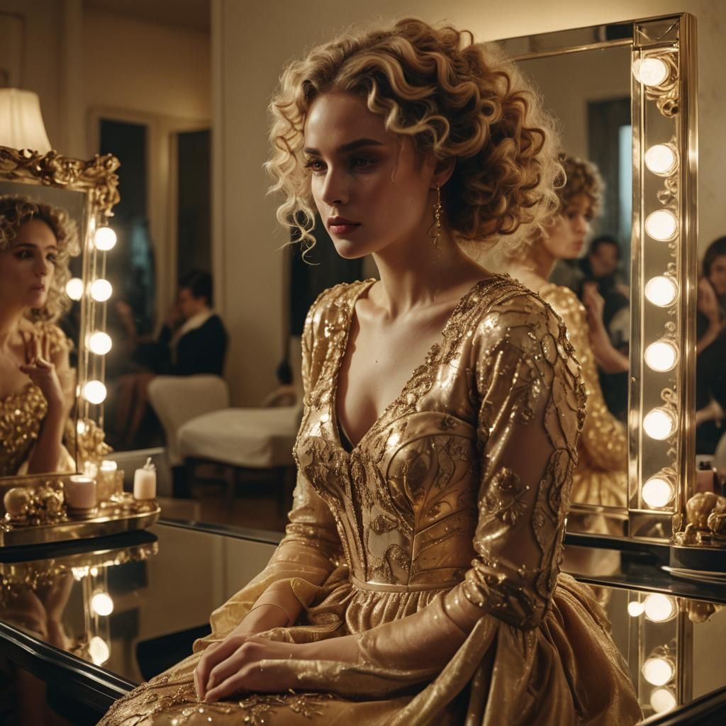 Woman at Mirrored Table in Cinematic Lighting