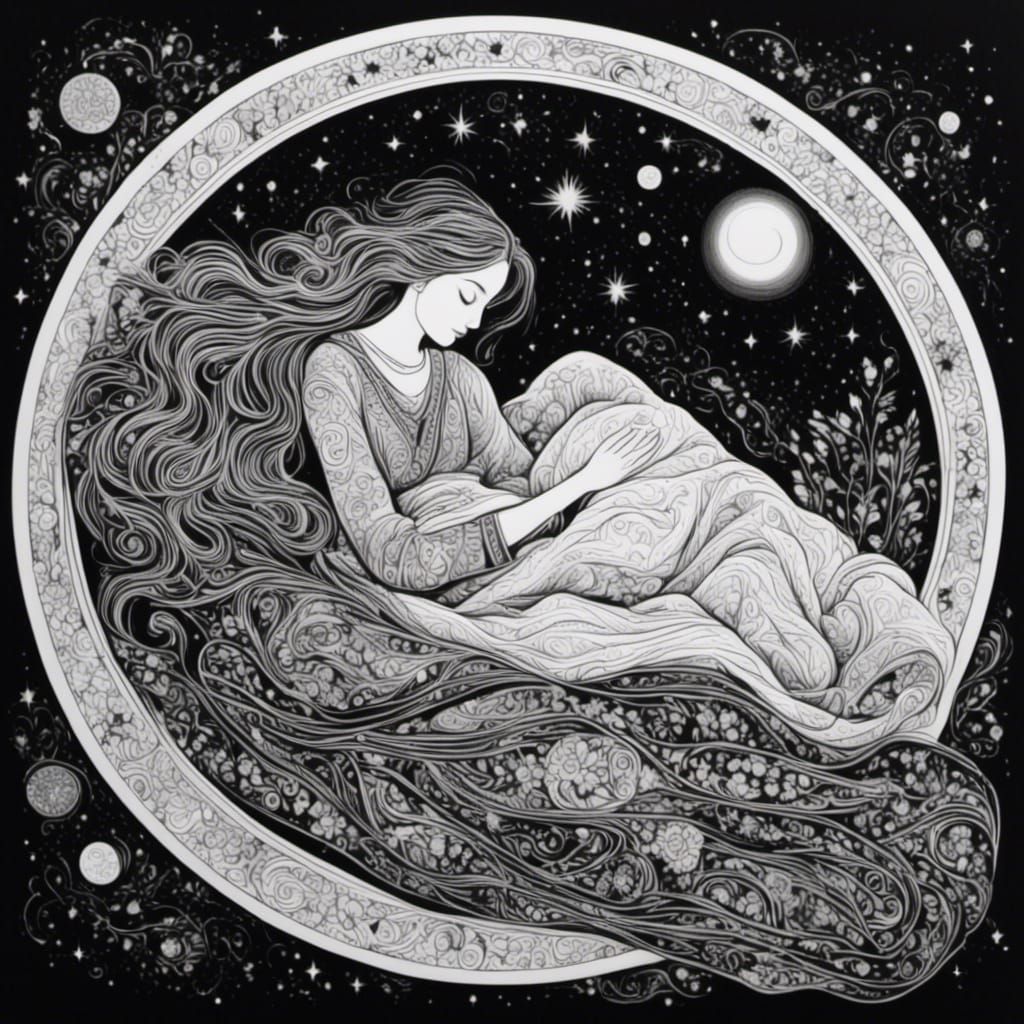 Woman's Cosmic Dream in Black and White