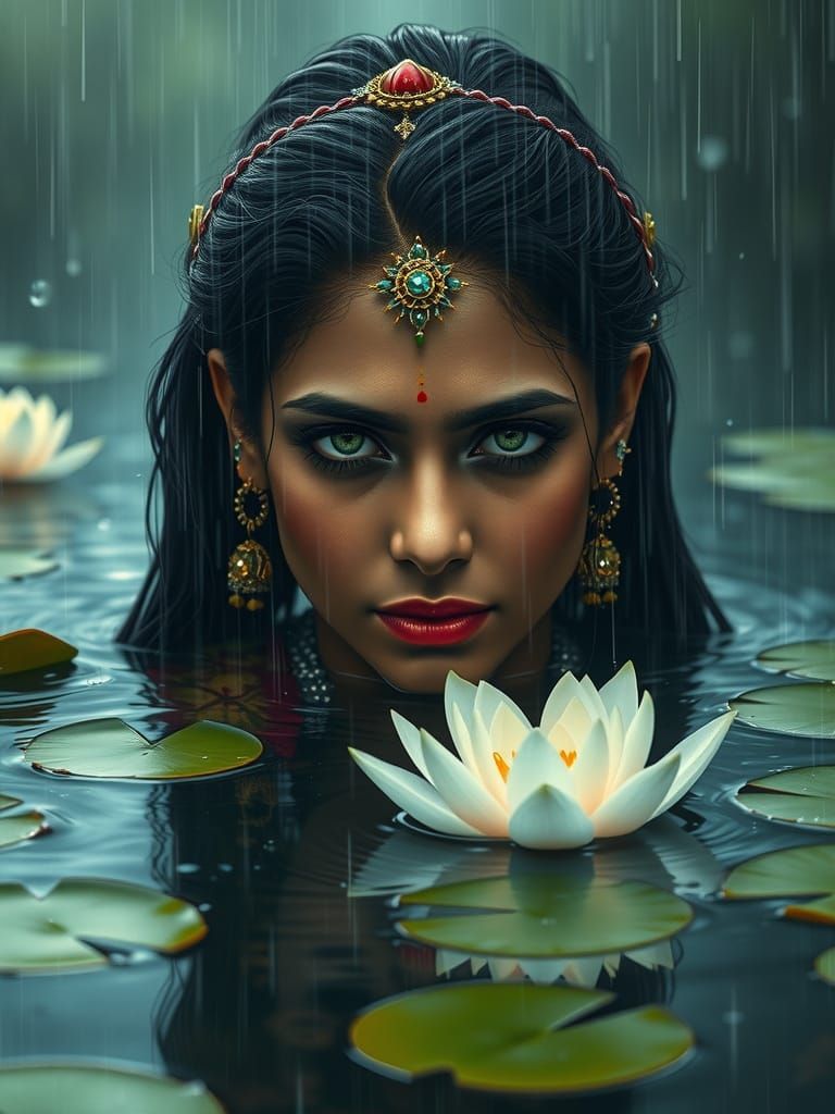 Indian Woman in Rainy Day Serenity