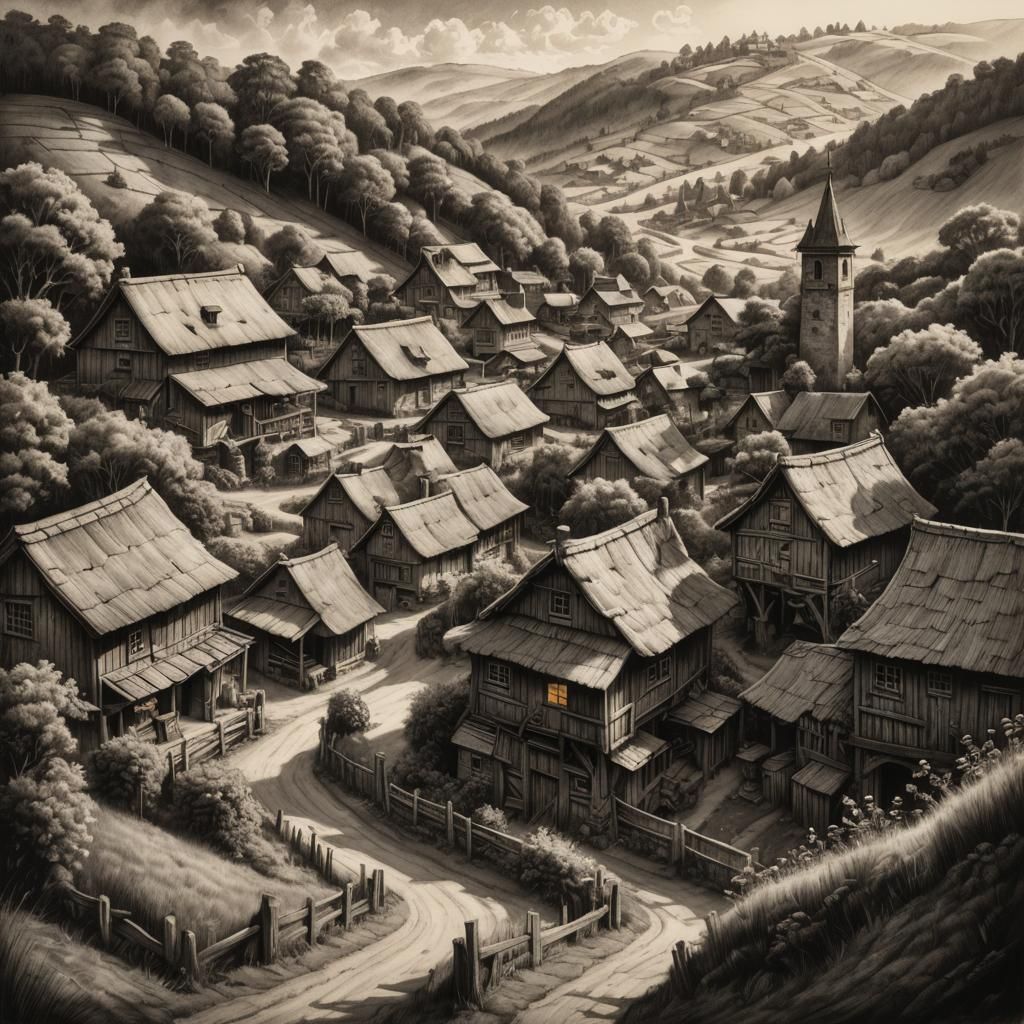 Enchanting Fantasy Farm Town in Charcoal Drawing
