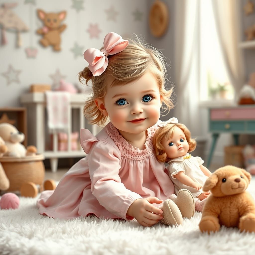 Whimsical Nursery Scene of Girl Playing with Doll