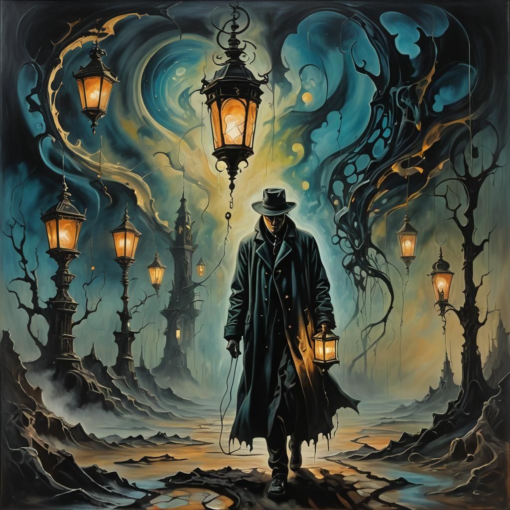 Surreal Dreamscape: Figure with Lantern in the Dark