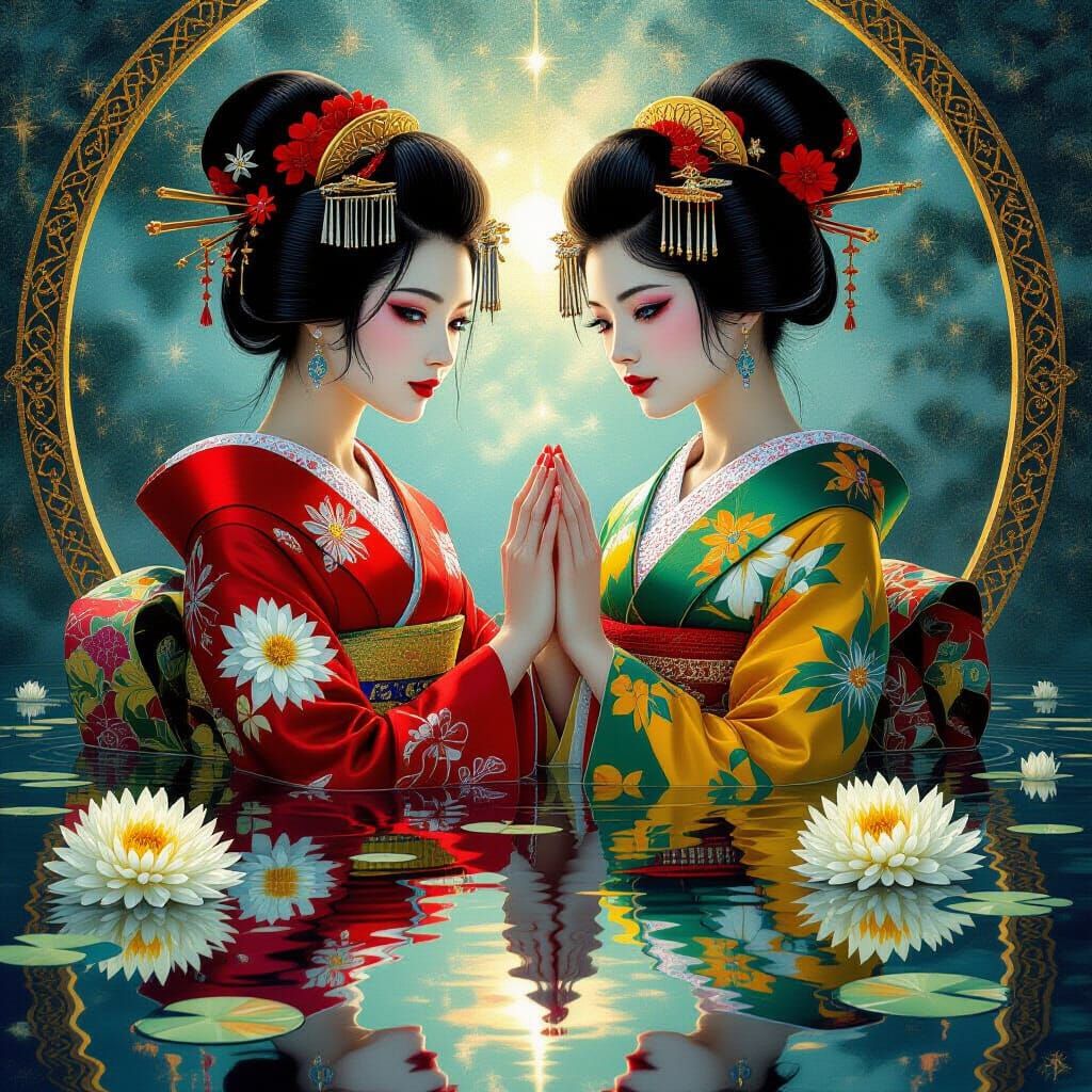 Geisha Touches Reflection in Cosmic Garden