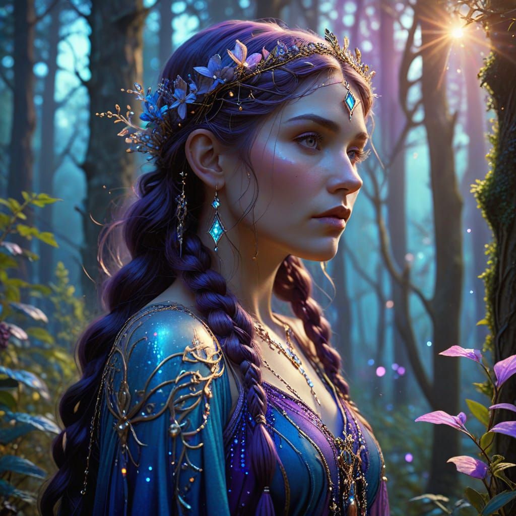 Sorceress in Forest Clearing, Art Nouveau Style