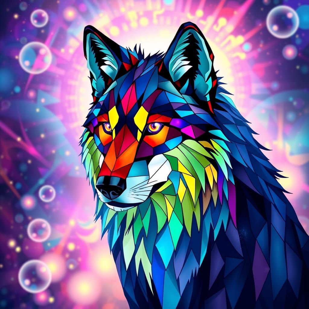 Surreal Wolf Transformed by Geometric Shapes and Neon Colors