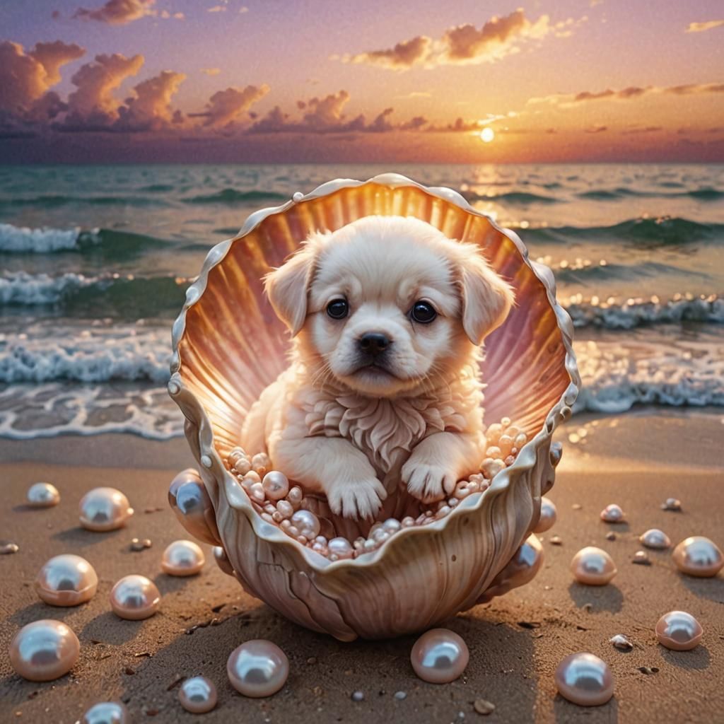 Puppy in Pearl Shell at Epic Sunset
