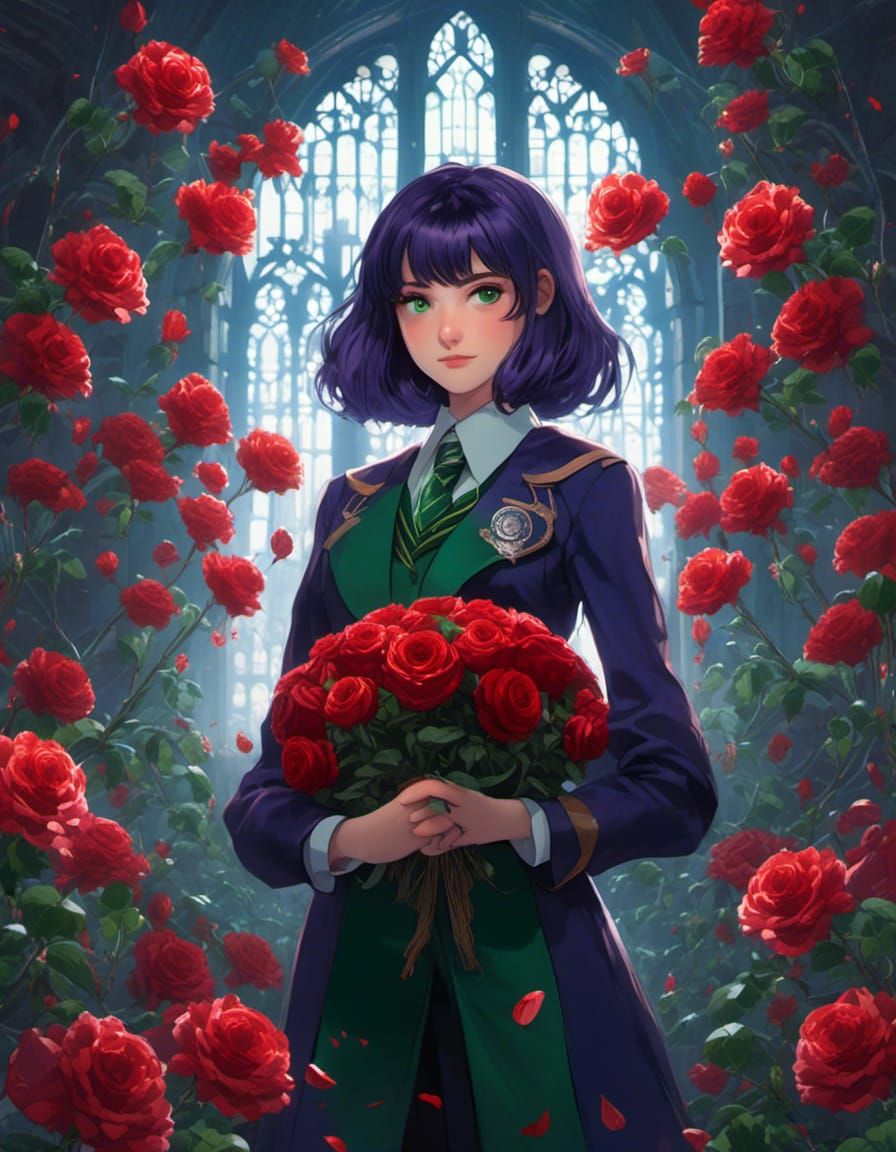 Anime Girl in Slytherin Uniform with Rose
