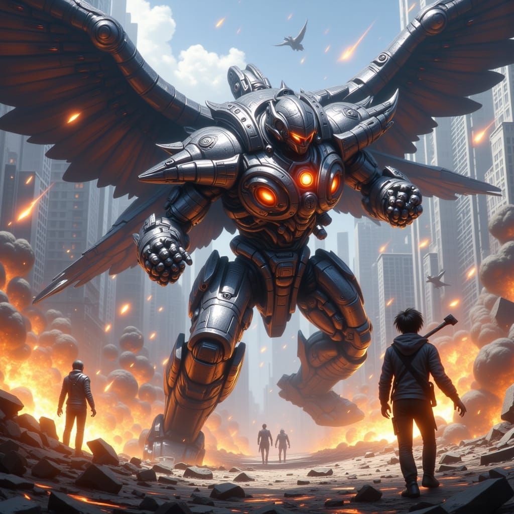 Giant Mecha vs. Winged Beast in Futuristic City Battle