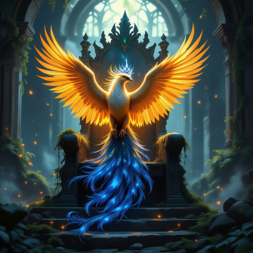 Majestic Phoenix on Ancient Throne, Molten Gold & Sapphire