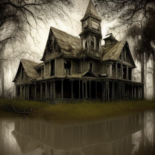 Creepy Haunted House in Swamp: Hyperrealistic Photography