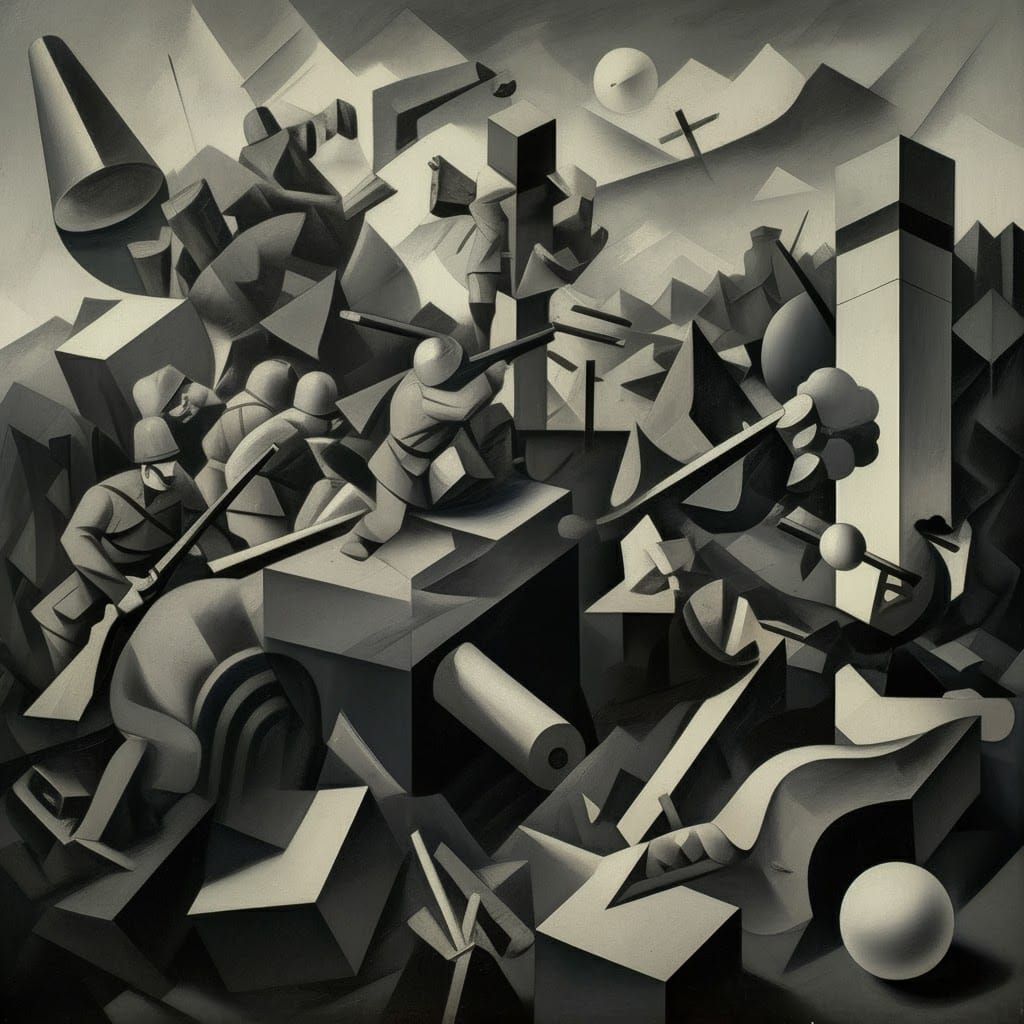 Abstract Cubist Battlefield in Black and White