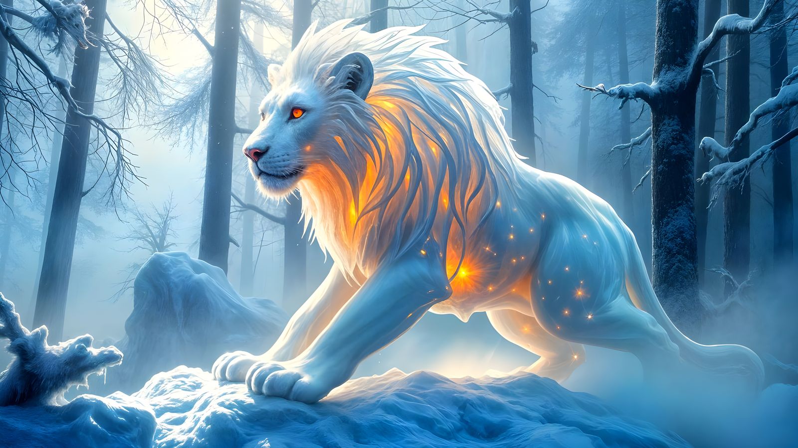 Icy Snow Lion in Ethereal Oil Painting