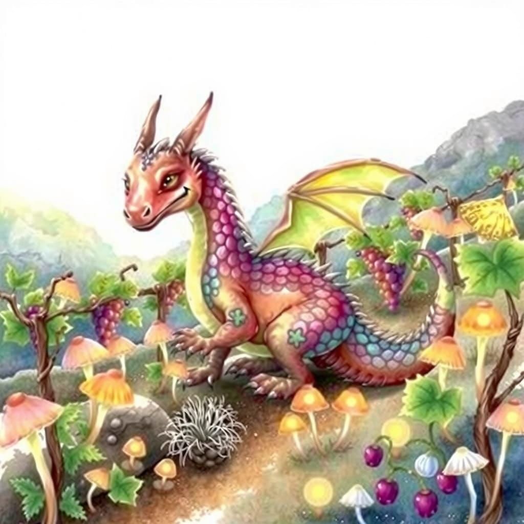 Miniature Dragon Tends Whimsical Vineyard in Dreamy Watercol...