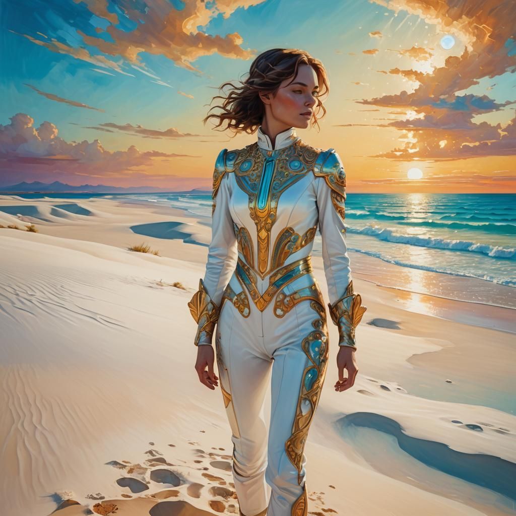 Woman in White Suit on White Sands as Oil Painting