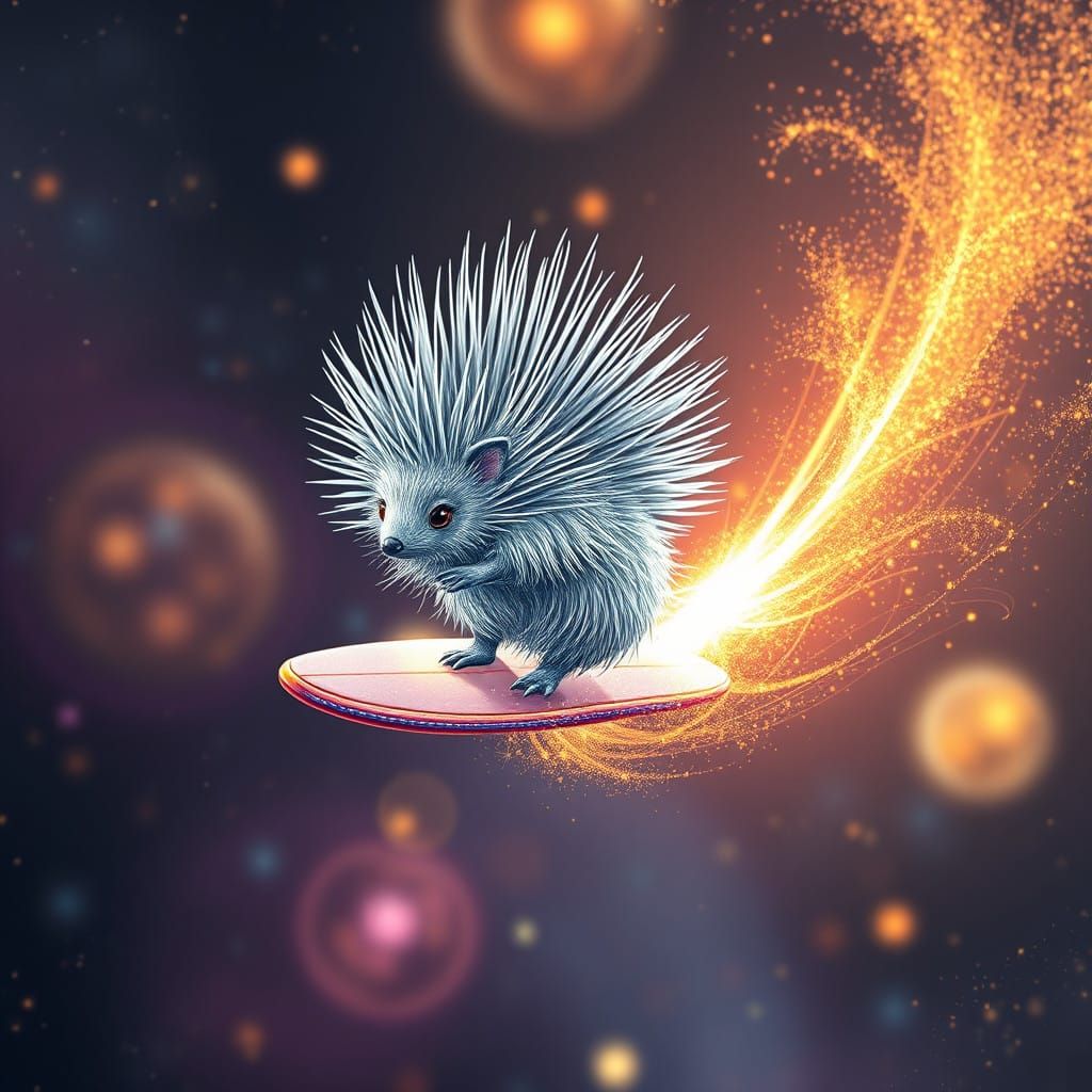 Kawaii Porcupine Surfer in Cosmic Dreamscape