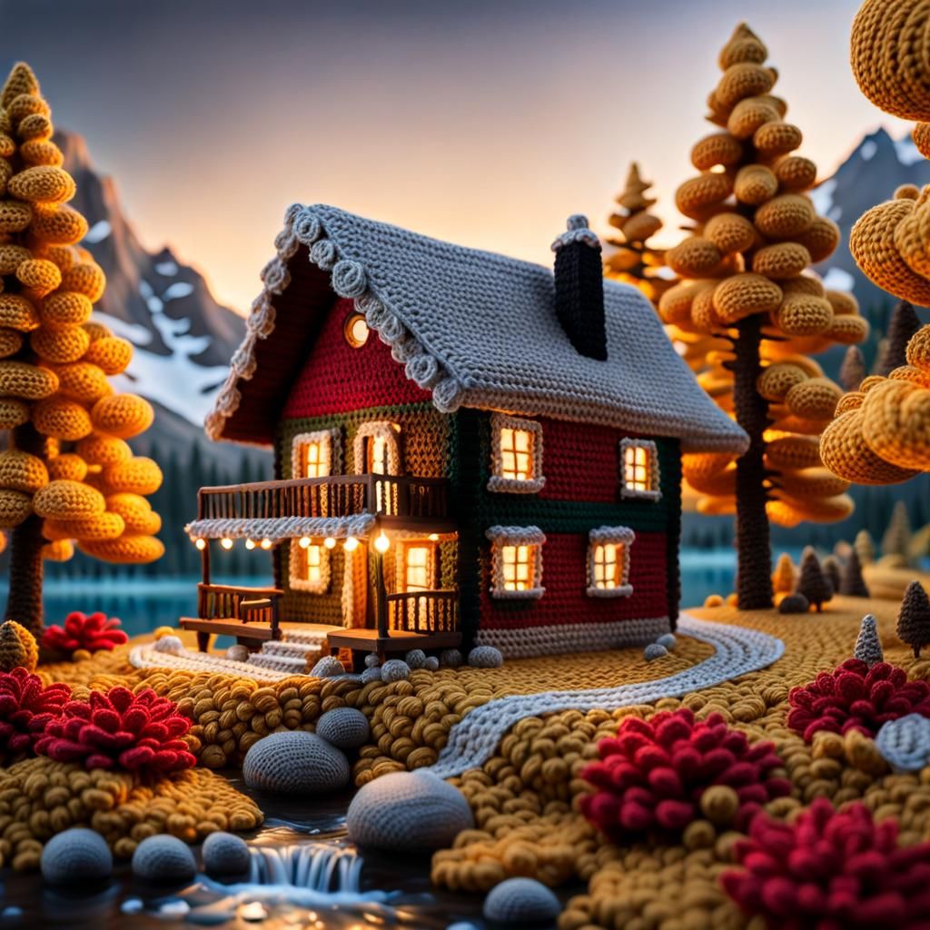 Cozy Crochet Cabin by Mountain Stream in Autumn