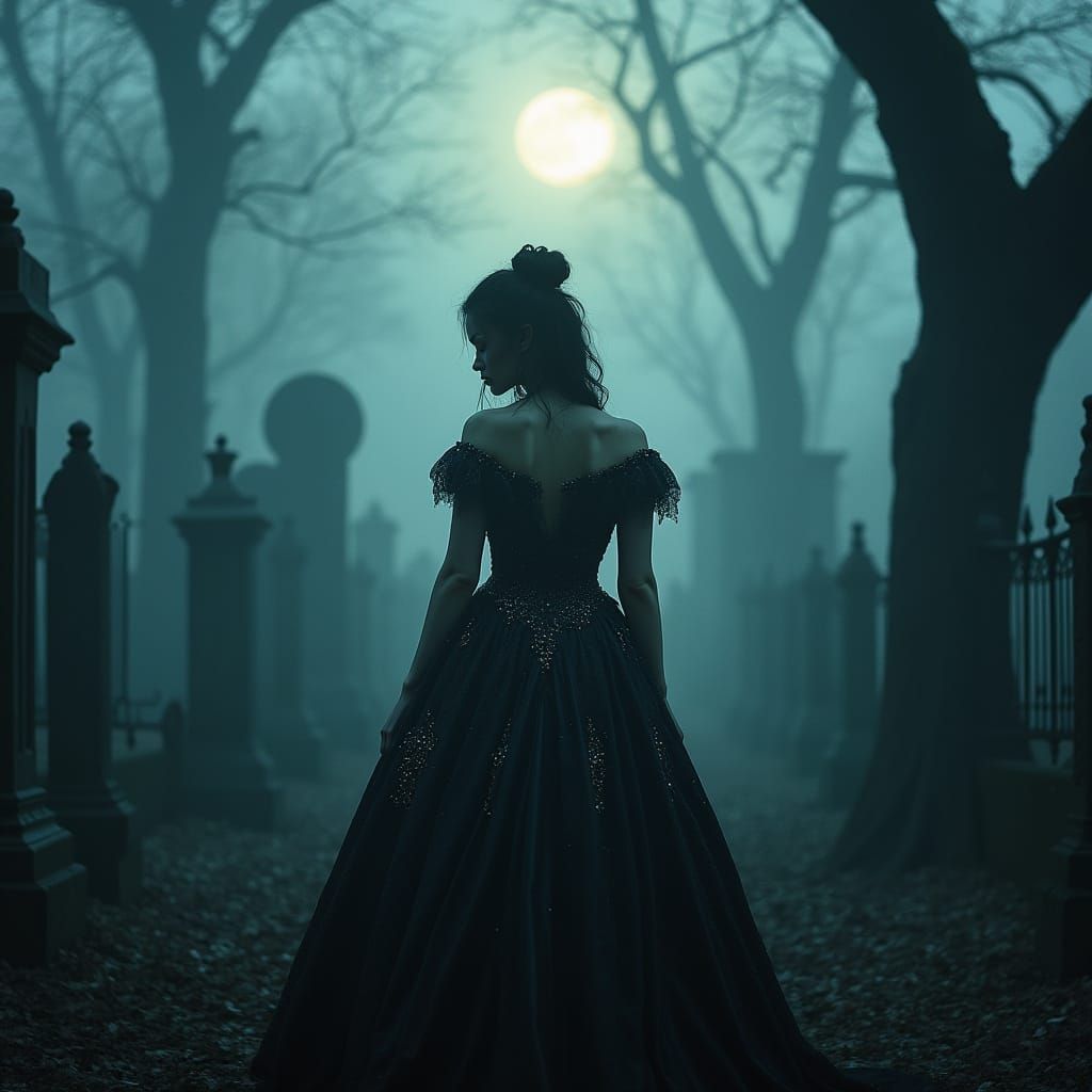 Elegant Woman in Misty Cemetery, Cinematic Film Still