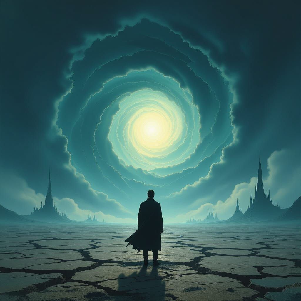 Man at Vortex Edge in Surreal Matte Painting