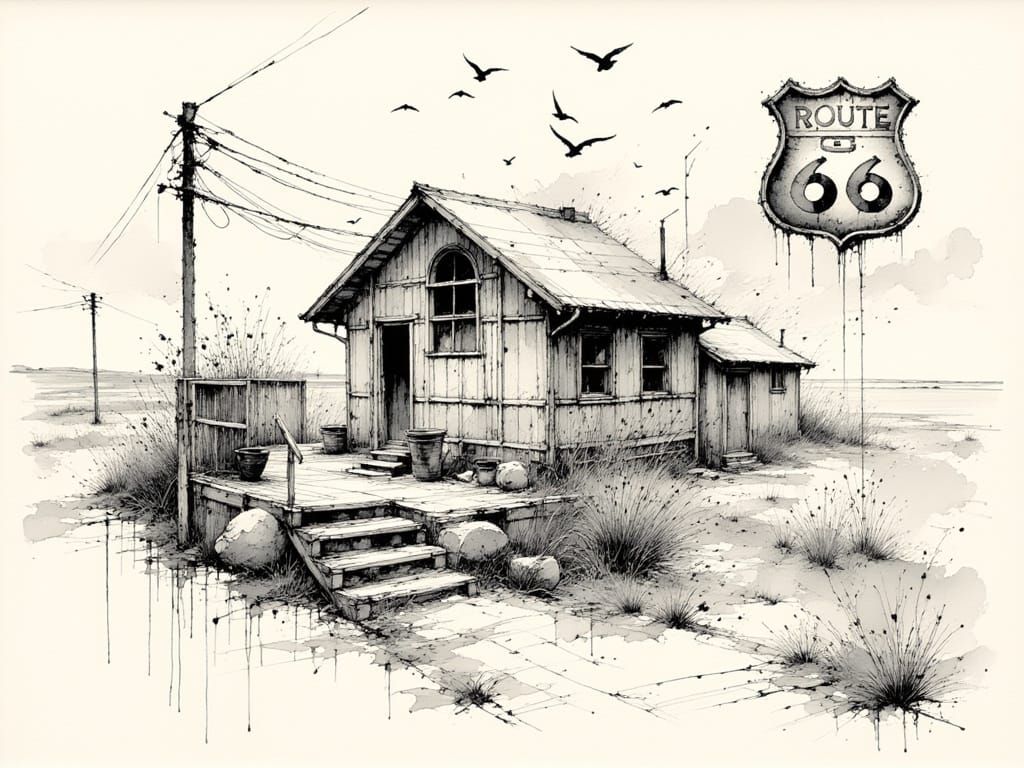 Route 66 in Detailed Ink Lines