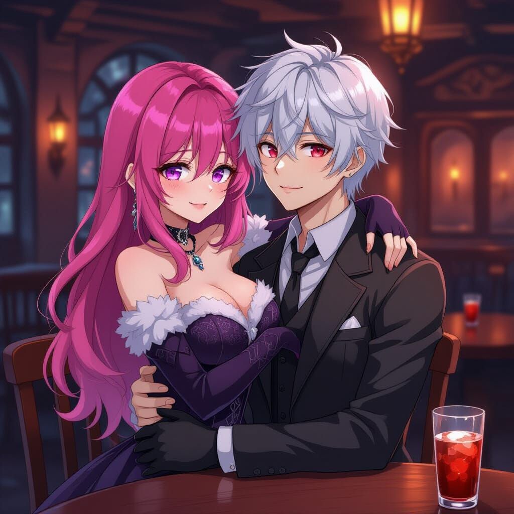 Gothic Couple Hugging in Warm Tavern, Alcohol Ink Style