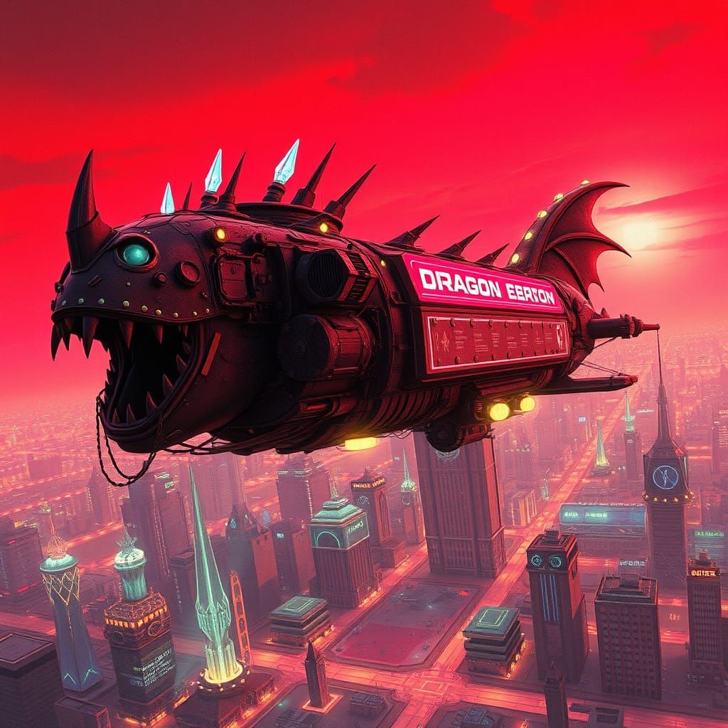 Gears of a Cyberpunk Dragon Airship Soar Through a Crimson S...