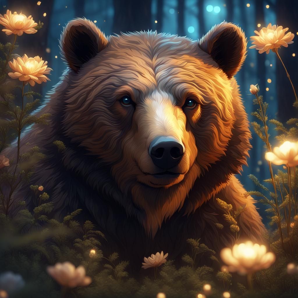 Brown Bear in Magical Forest, Hyperdetailed Art