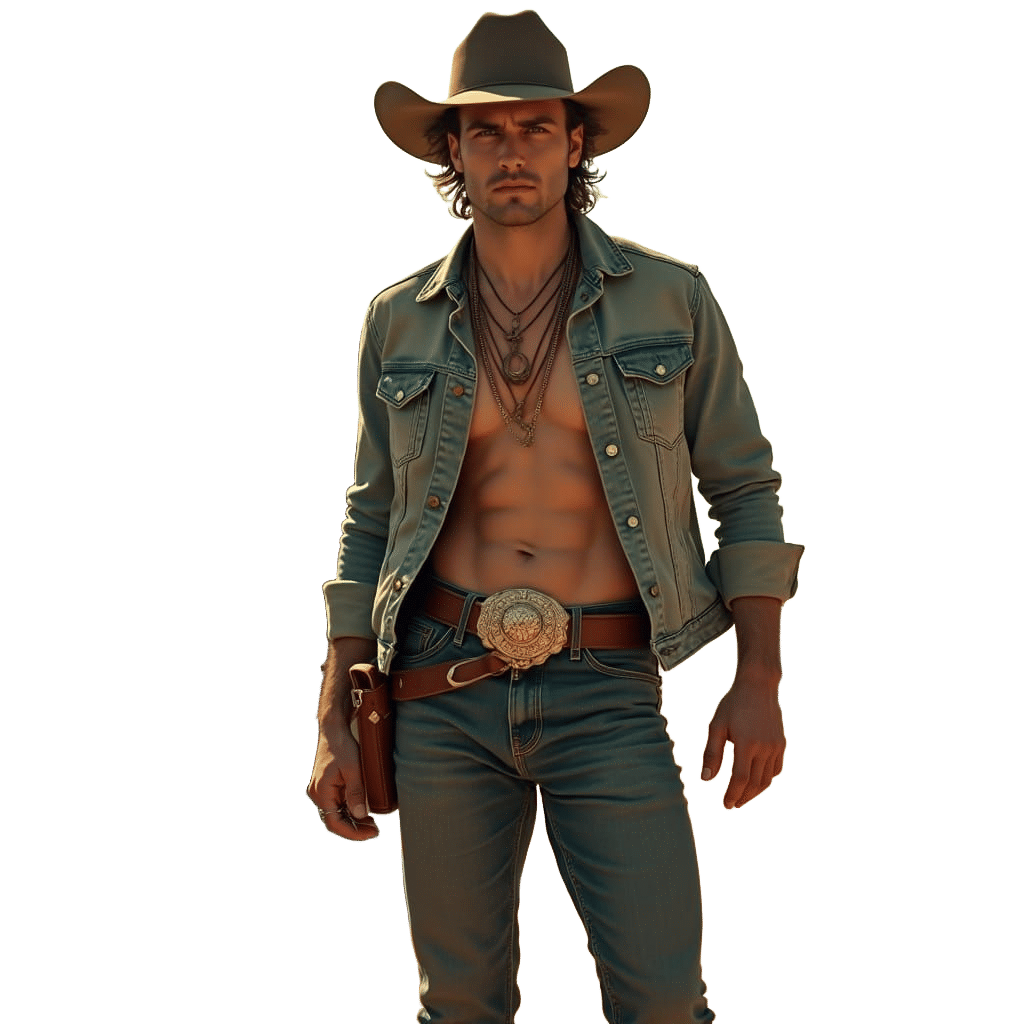 Charismatic Cowboy in Denim: Cinematic Film Still