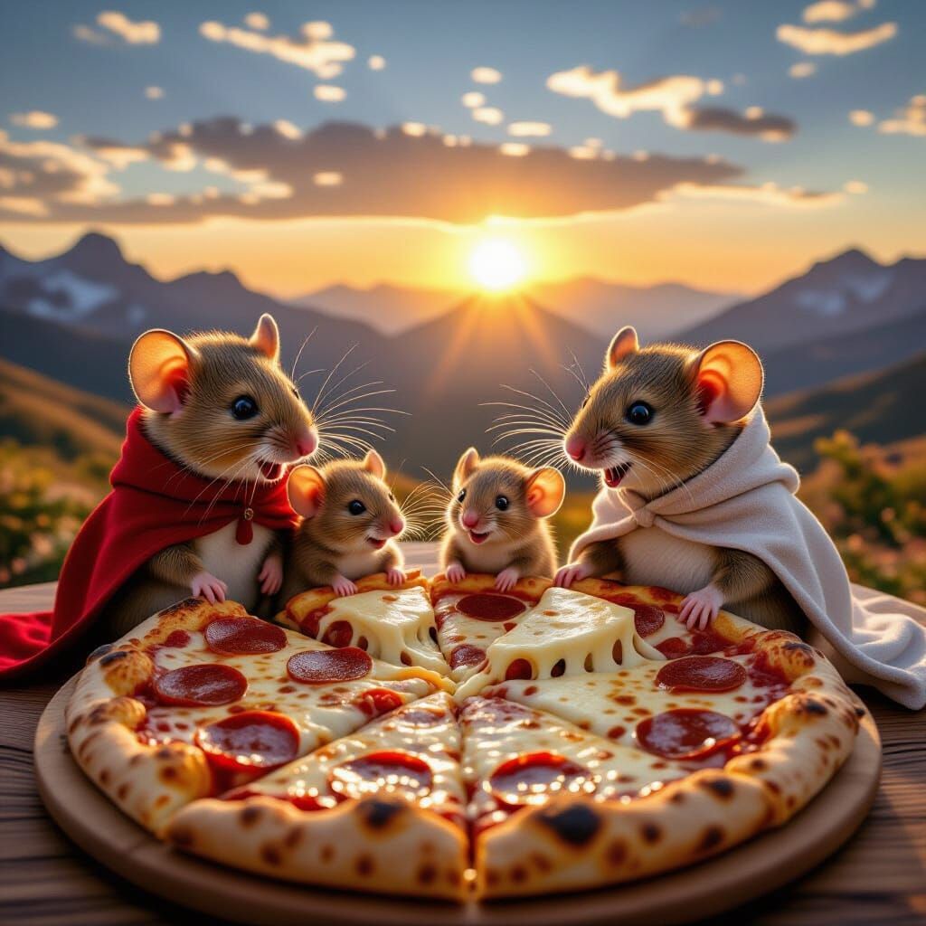Joyful Mouse Family Enjoys Epic Pizza at Sunrise
