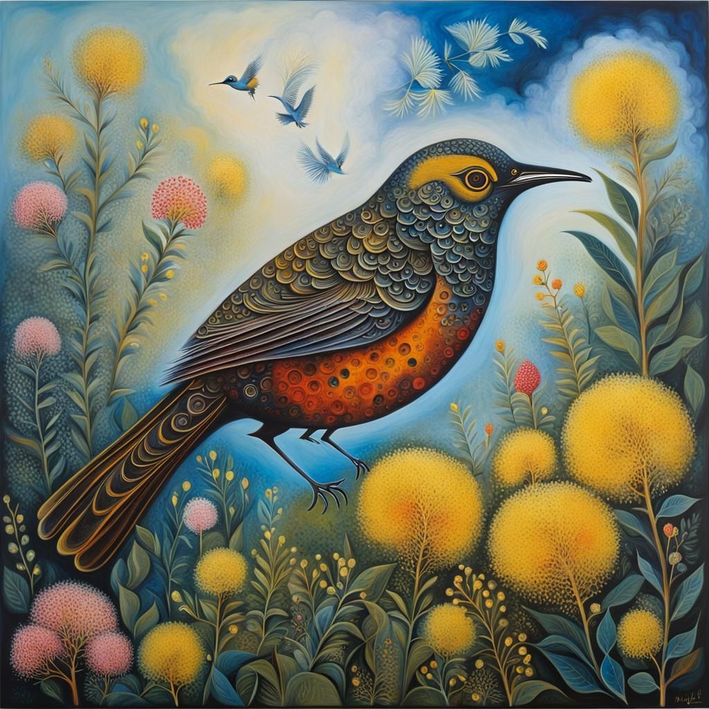 Wattlebird in Summer Garden: Surreal Acrylic Painting