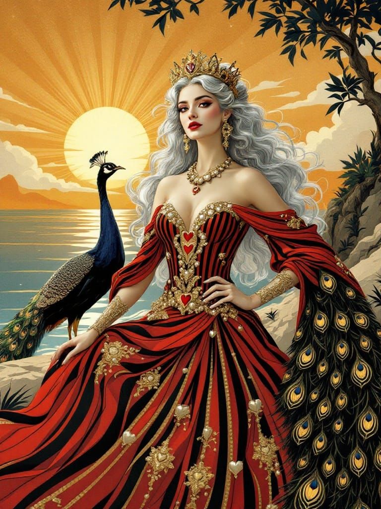 Regal Queen Stands Proud with Majestic Peacock, Amidst Art N...