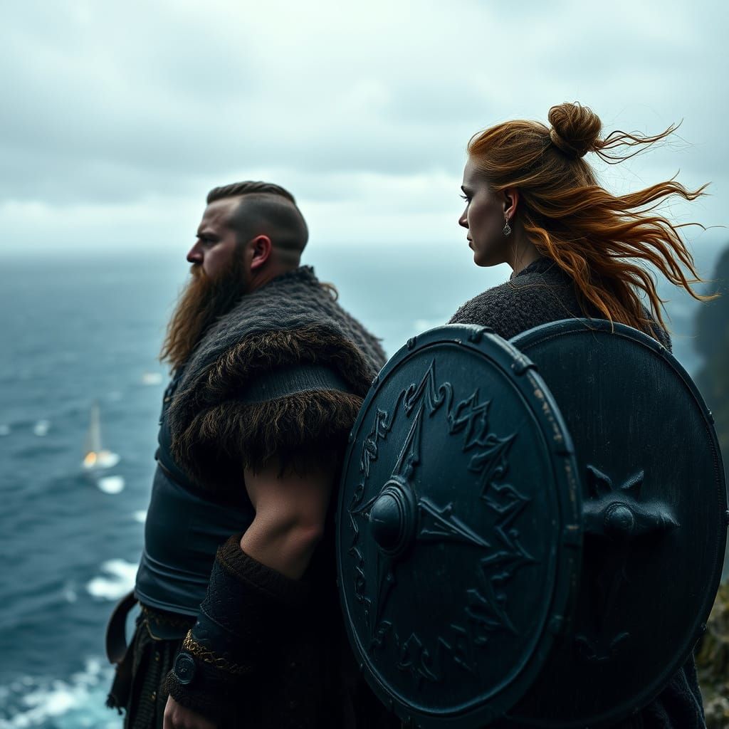 Viking Warrior and Celtic Shieldmaiden Stand Together on Cli...