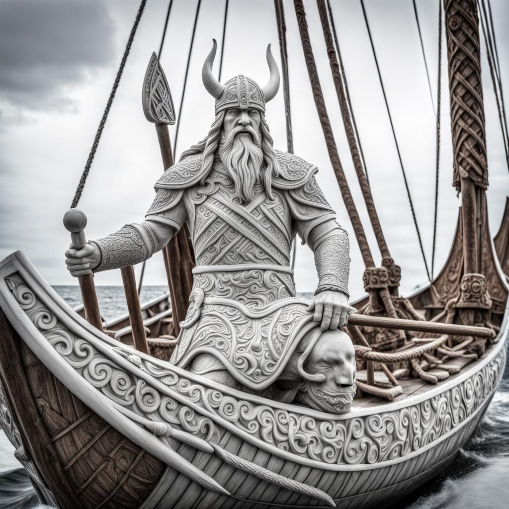 Hyperrealistic Viking Warrior Sculpture on Distant Boat