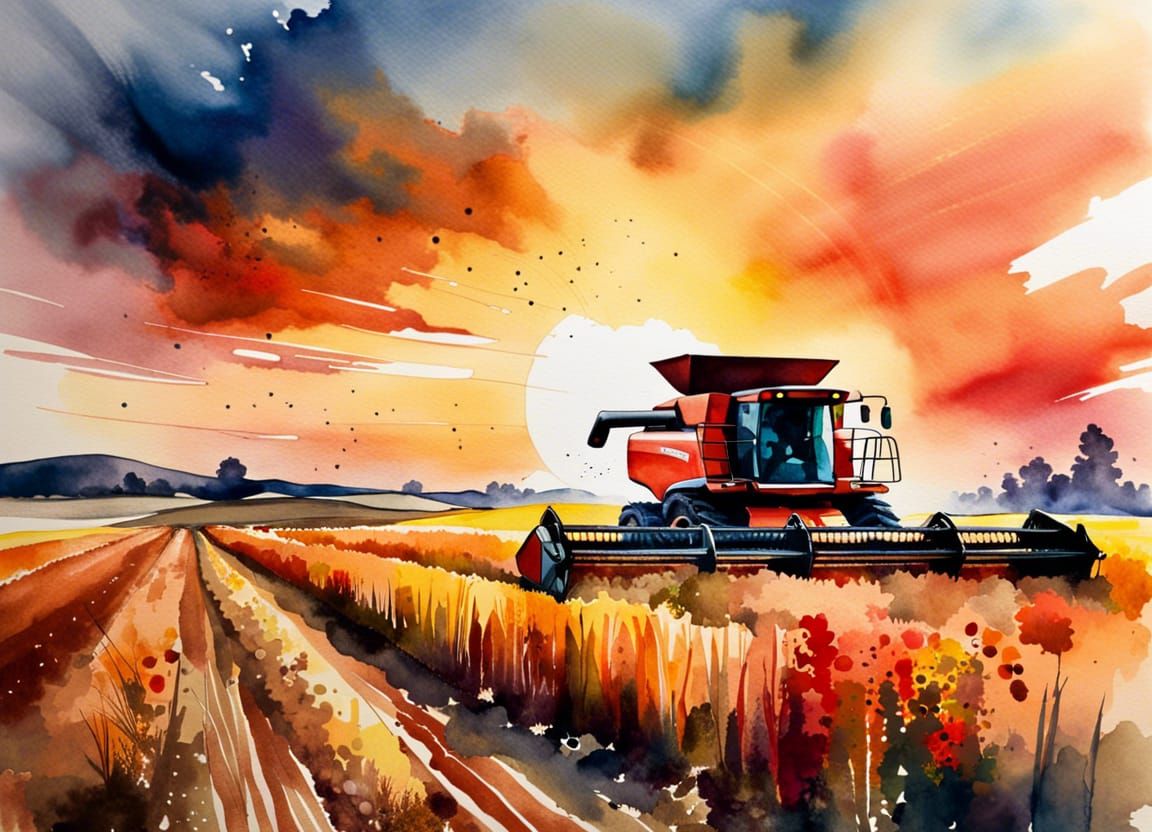 Sunset Harvest: Mystical Autumn Landscape in Watercolor
