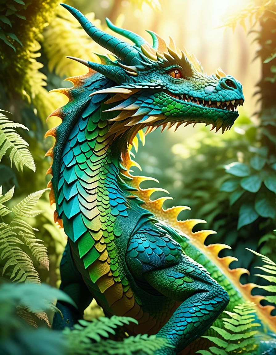 Majestic Forest Dragon in Lush Garden: Concept Art