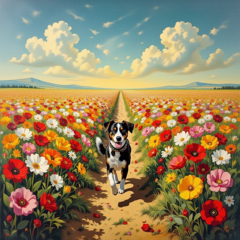 Dog Walks Through Surreal Flower World in Oil Painting Style