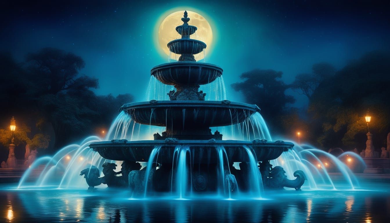 Surreal Night Fountain with Tribal Sculptures