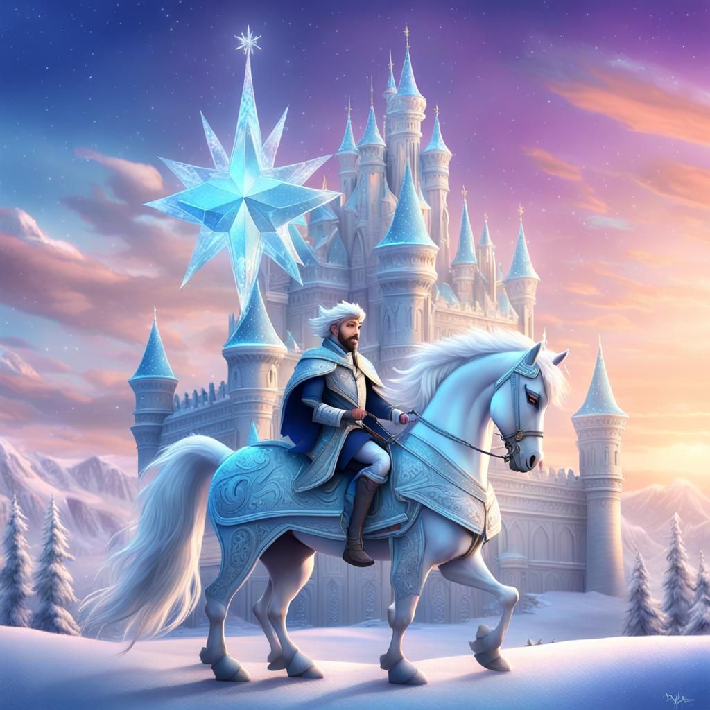 Snow Queen's Ice Palace with Dragon Rider, 3D Digital Art