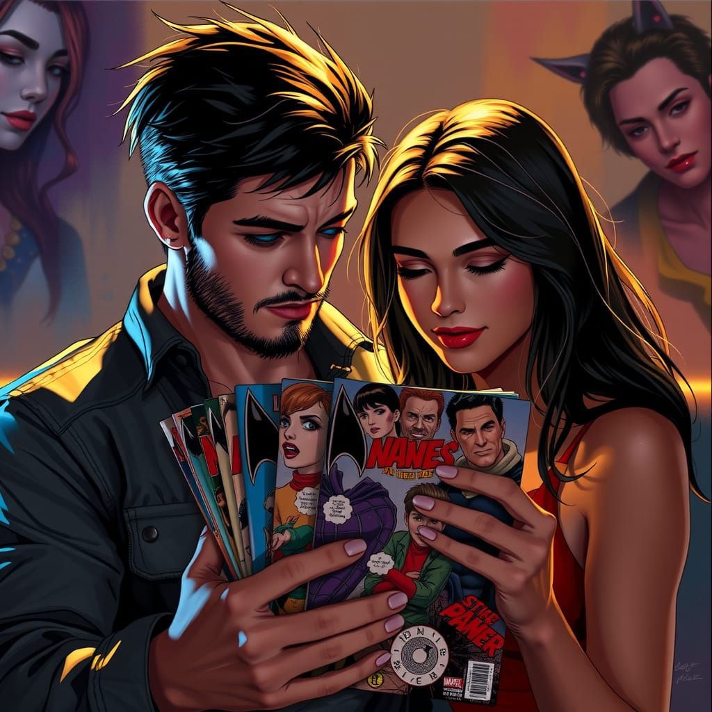 Couple Sharing Comics in Hyperrealistic Splash Art