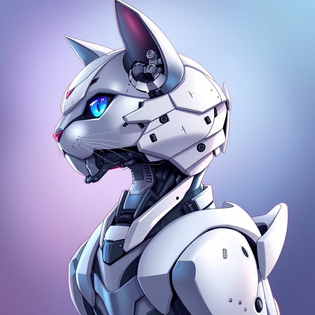 Cyberpunk Robo Cat with Piercing Blue Eyes, Manga-Style Mast...