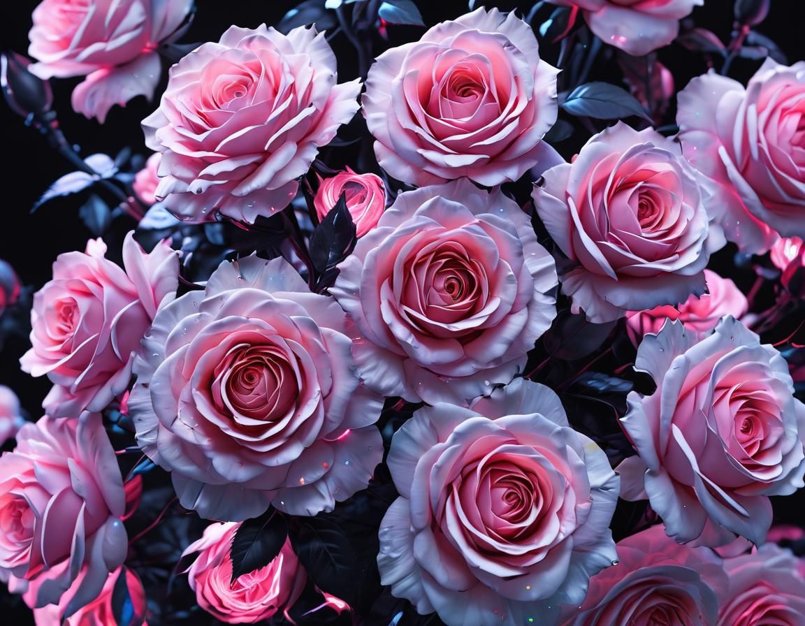 Holographic Roses with Neon Black Light, Anime Art