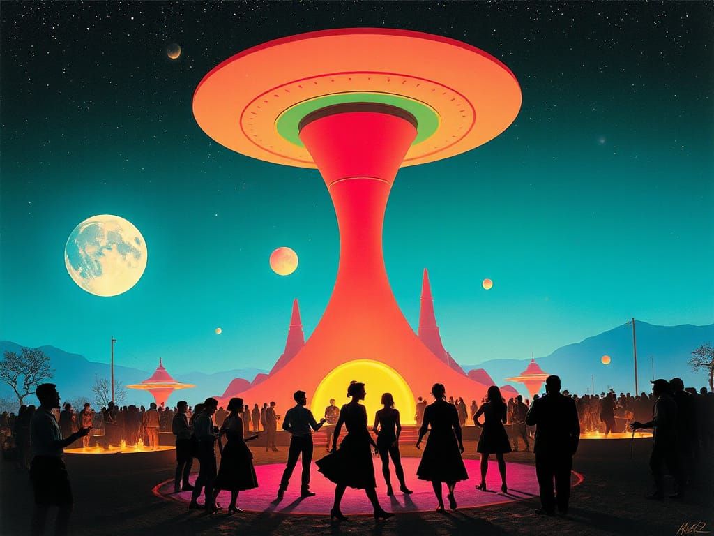 Retrofuturistic Festival Celebration in Vibrant Colors