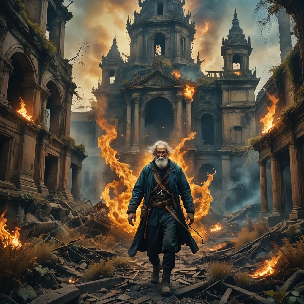 Mystical Flames Engulf Aged Wanderer
