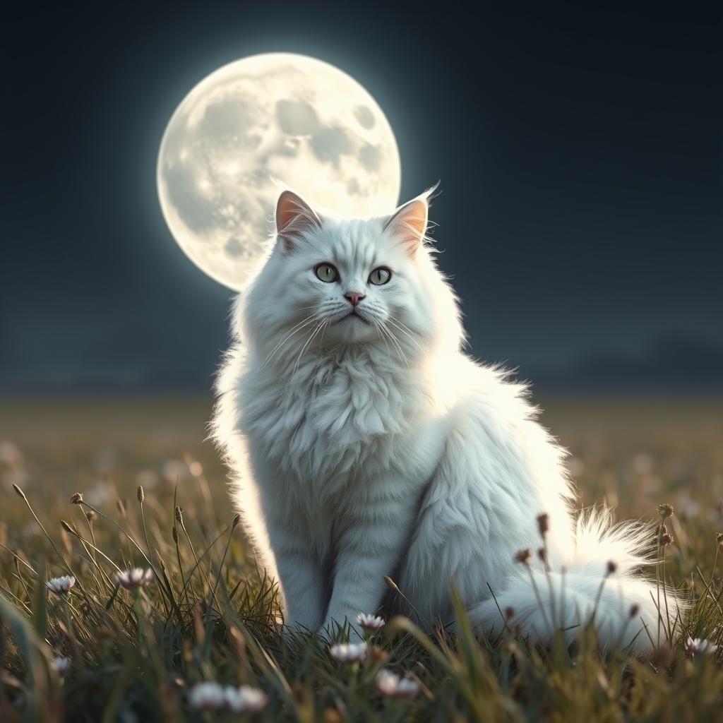 Fluffy White Cat Basking Under a Giant Moon