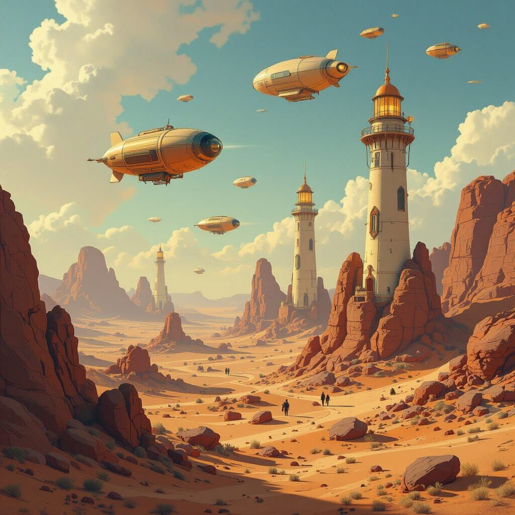 Surreal Desert Airships and Lighthouses in Whimsical Style