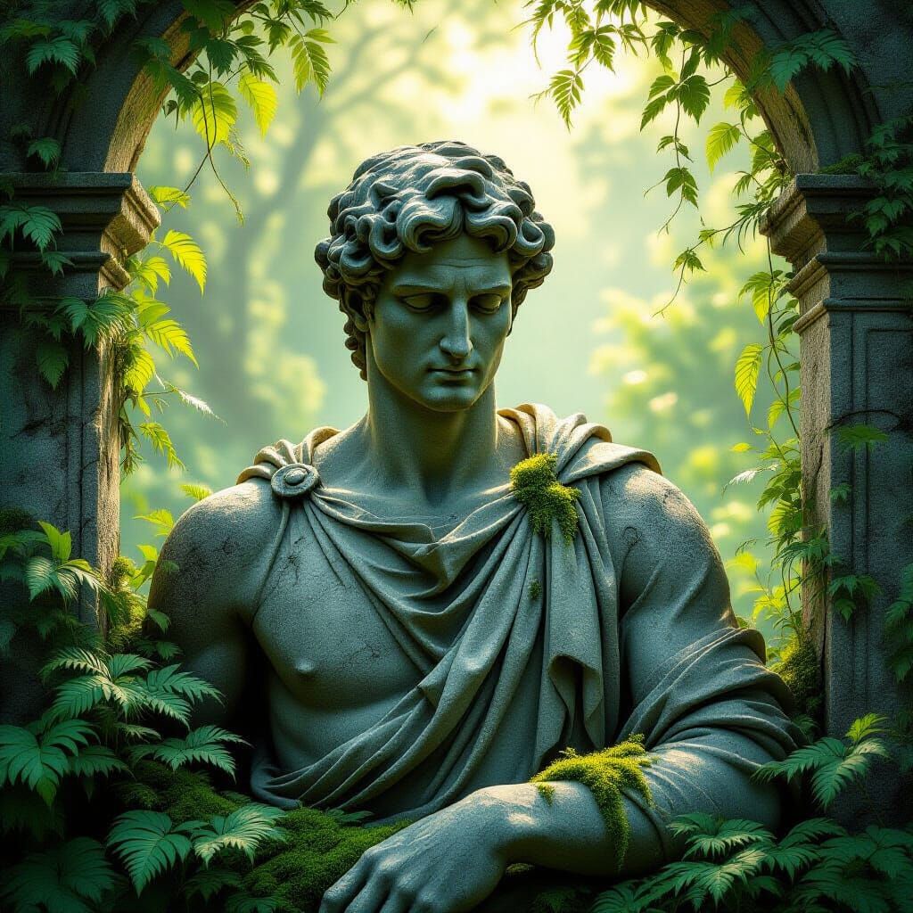 Stone Statue Reclaimed by Nature in Mystical Sanctuary