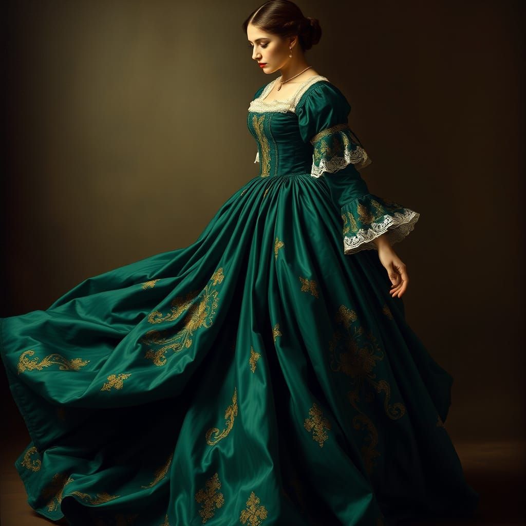 Elegant Emerald Gown in Renaissance Oil Painting Style