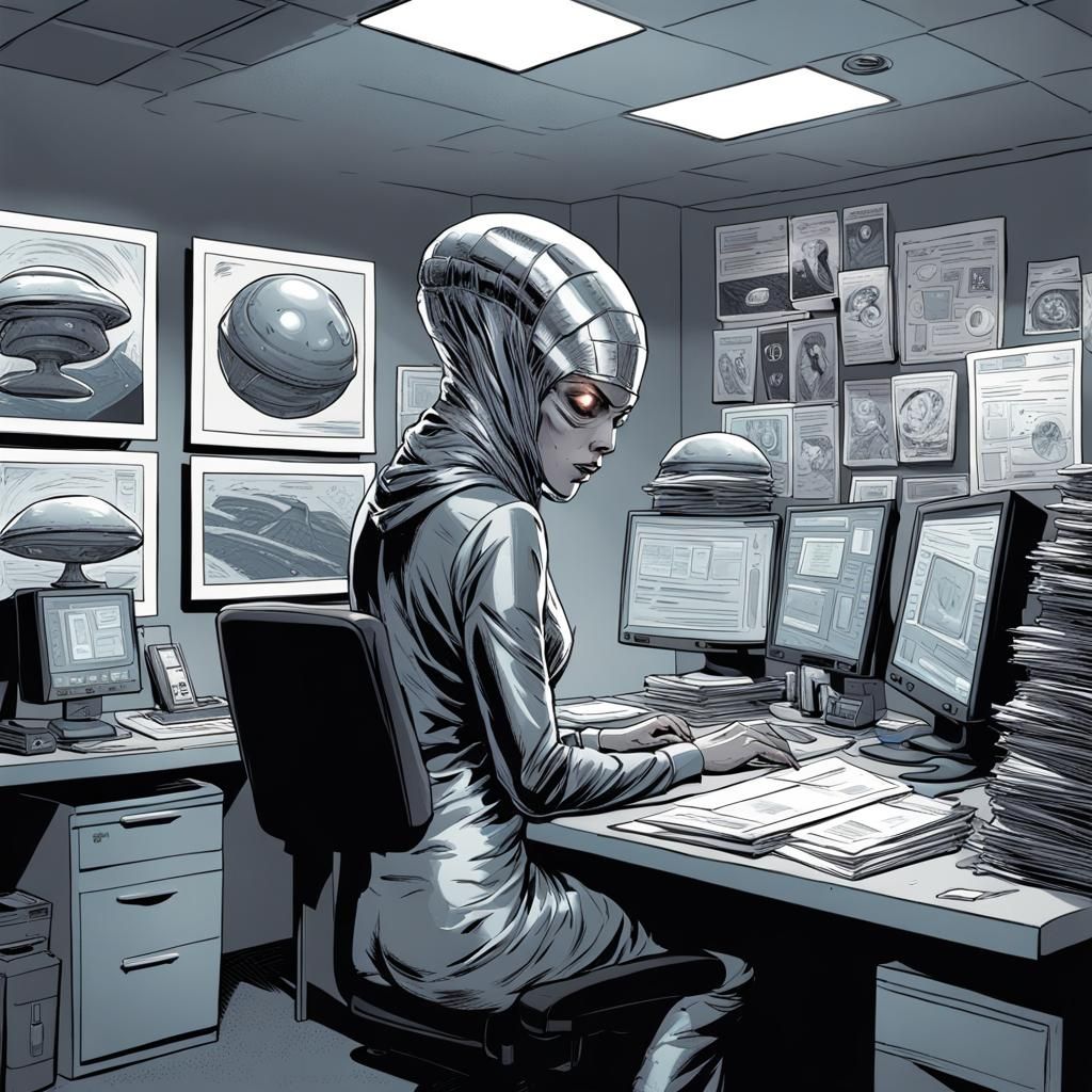 Alien Gumshoe in Sci-Fi Office, Comic Book Art