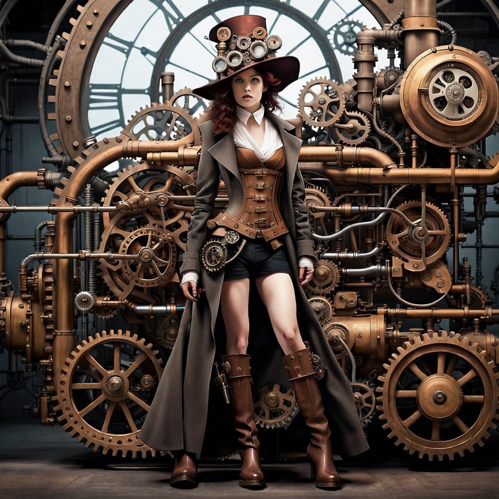 Steampunk Woman in Motion with Mechanical Dreamscape