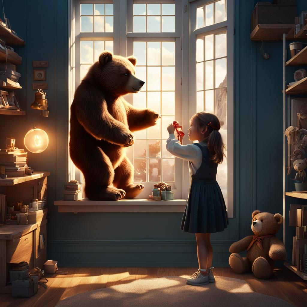 Girl with Bear Doll in Sunlit Room, Matte Painting